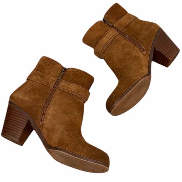 Sam Edelman Lynne Cognac Suede Ankle Booties Block Heel Buckle Zip Sz 8 - Picture 6 of 11